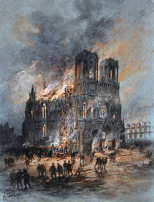 La cath&eacute;drale de Reims en feu en 1915 par Gustave Fraipont