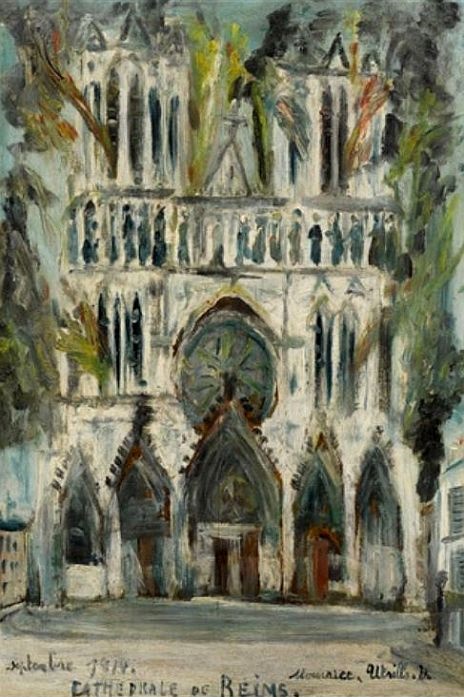 La cath&eacute;drale de Reims  en flammes par Maurice Utrillo
